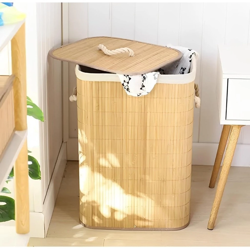 Cesto de Roupas em Bambu Dobrável Grande 60cm – Organizador Retangular Forrado para Banheiro | Casa Supri