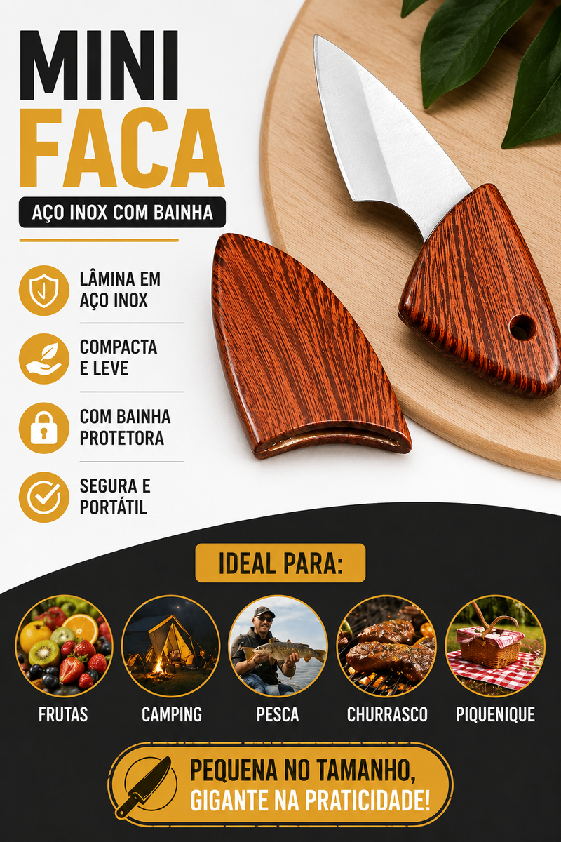 Mini Faca de Aço Inox com Bainha Protetora – Compacta para Frutas, Camping, Pesca, Churrasco e Piquenique