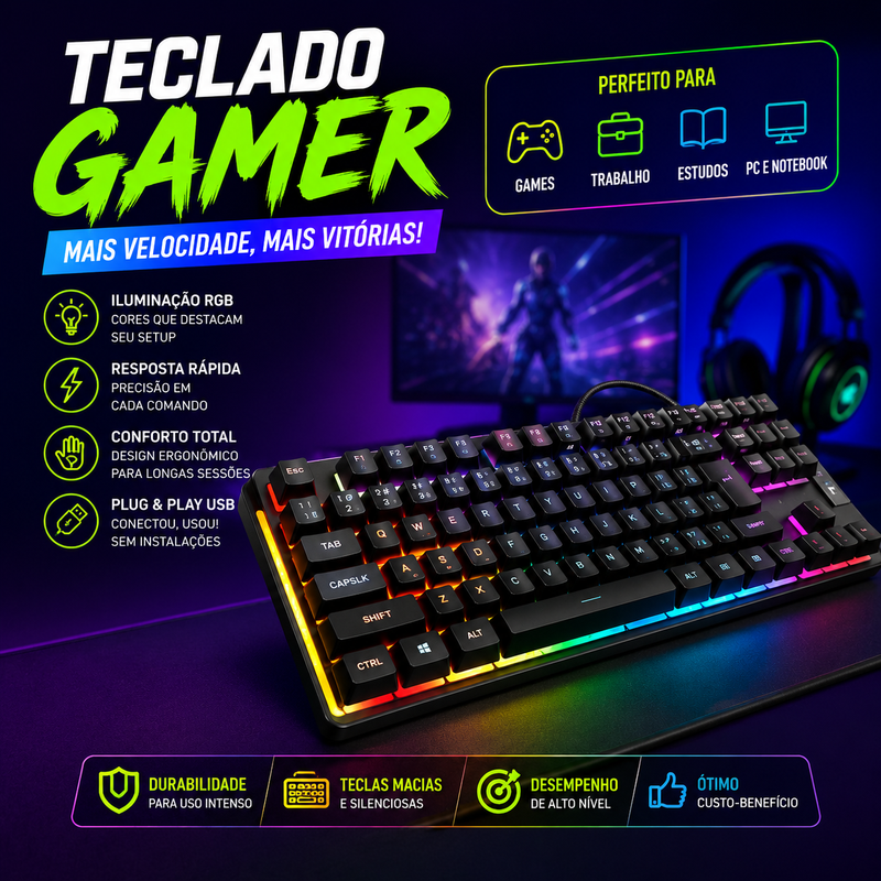 Teclado Gamer RGB USB com Iluminação LED Colorida – Alta Performance, Resposta Rápida para PC e Notebook