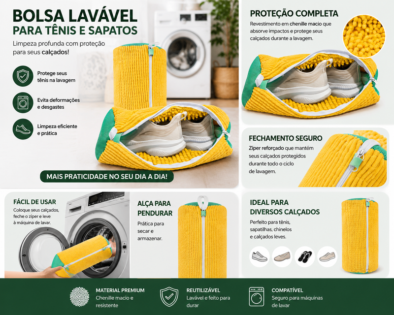 Bolsa Lavável para Tênis e Sapatos para Máquina de Lavar com Proteção em Chenille e Zíper Reforçado