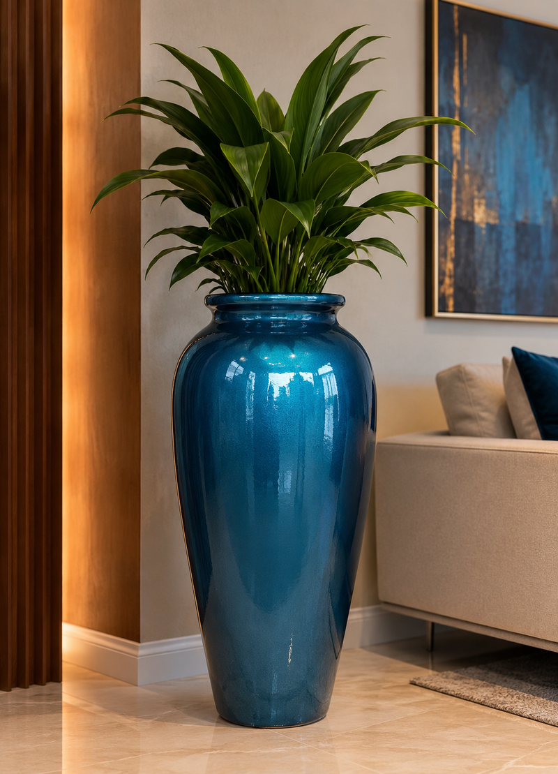 Vaso Decorativo Fibra 80cm Altura azul turquesa mesclado com preto
