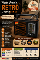Rádio Portátil Retrô Livstar CNN-966 4 Bandas AM/FM/SW/TV Bivolt e Pilhas – Presente Vintage com Som de Qualidade