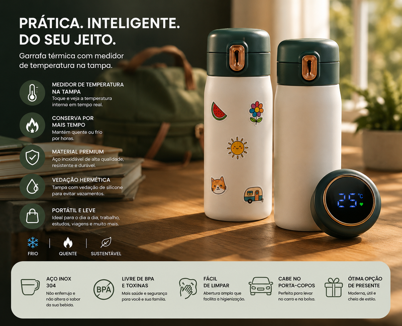 Garrafa de Água , 400 ml , com Termômetro e Adesivo