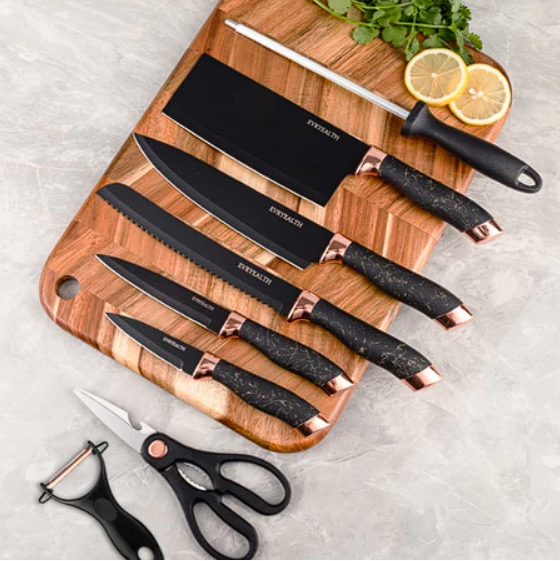 Conjunto de Facas de Cozinha Luxo 8 Peças com Suporte Giratório – Kit Premium Elegante e Super Afiado