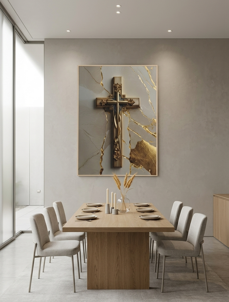 Quadro Arte Sacra Contemporânea: Cruz Escultural com Veios Dourados