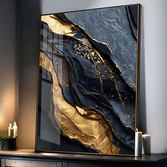 Quadro pintura abstrata em tela de luxo, arte de parede em preto, azul e dourado