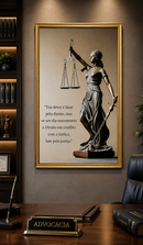 Quadro Decorativo Deusa da Justiça com Frase Jurídica | Moldura Dourada | 80x120 cm | Escritório de Advocacia