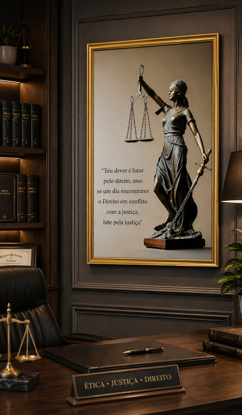 Quadro Decorativo Deusa da Justiça com Frase Jurídica | Moldura Dourada | 80x120 cm | Escritório de Advocacia