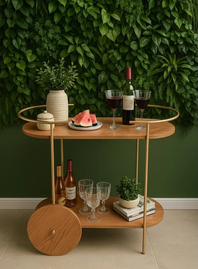 Carrinho Bar Oval Dourado com Rodízios – Estilo Industrial para Café, Bebidas e Decoração
