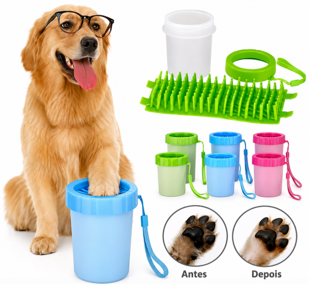 Kit Pet Escova Vaporizadora Elétrica Recarregável e Copo Lava Patas Silicone