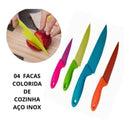 Jogo de 4 Facas Coloridas em Aço Inox com cabos ergonômicos. Ideal para cortar carnes, frutas e legumes com precisão.