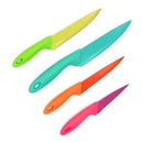 Jogo de 4 Facas Coloridas em Aço Inox com cabos ergonômicos. Ideal para cortar carnes, frutas e legumes com precisão.