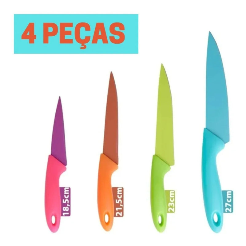 Jogo de 4 Facas Coloridas em Aço Inox com cabos ergonômicos. Ideal para cortar carnes, frutas e legumes com precisão.