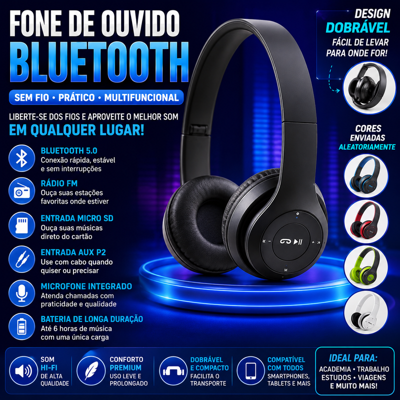 Fone de Ouvido Bluetooth: Sem Fio, Rádio FM, Entrada SD e Microfone