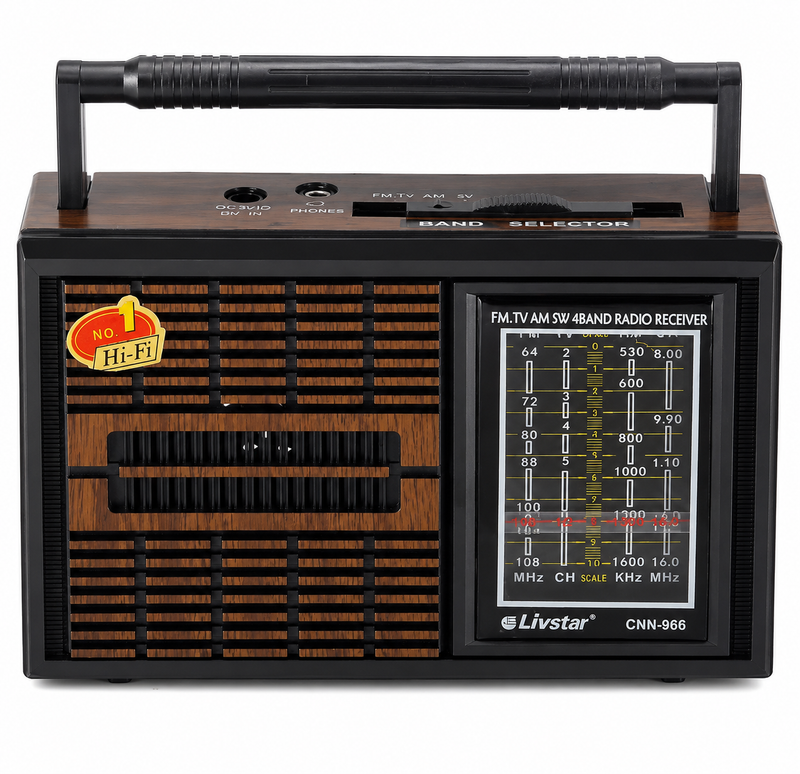Rádio Portátil Retrô Livstar CNN-966 4 Bandas AM/FM/SW/TV Bivolt e Pilhas – Presente Vintage com Som de Qualidade